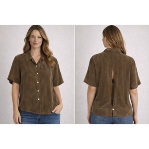 K‎ Petite Short Sleeve Button Up Top Womens 12P Brown NEW Vintage 90s Silken